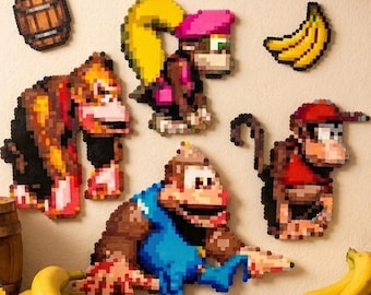 Donkey Kong Country perler beads wall decor, diddy kong sprite dixie kong art, retro game decor, nintendo wall art, pixel gamer room
