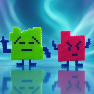 May include: Two pixelated figures made of small beads. The larger figure is lime green with a neutral expression and dark blue limbs. The smaller figure is bright red with an angry expression and dark blue limbs. Both have a blocky, square shape.