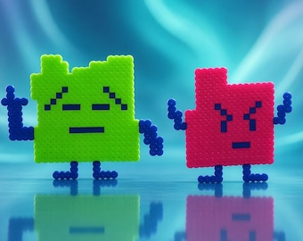 May include: Two pixelated figures made of small beads. The larger figure is lime green with a neutral expression and dark blue limbs. The smaller figure is bright red with an angry expression and dark blue limbs. Both have a blocky, square shape.