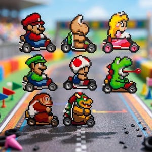Pu&ograve; includere: Una collezione di otto figure in pixel art che ritraggono personaggi alla guida di go-kart, tra cui Mario, Luigi, Princess Peach, Toad, Yoshi, Donkey Kong e Bowser, disposti in una griglia su uno sfondo sfocato di una pista da corsa.