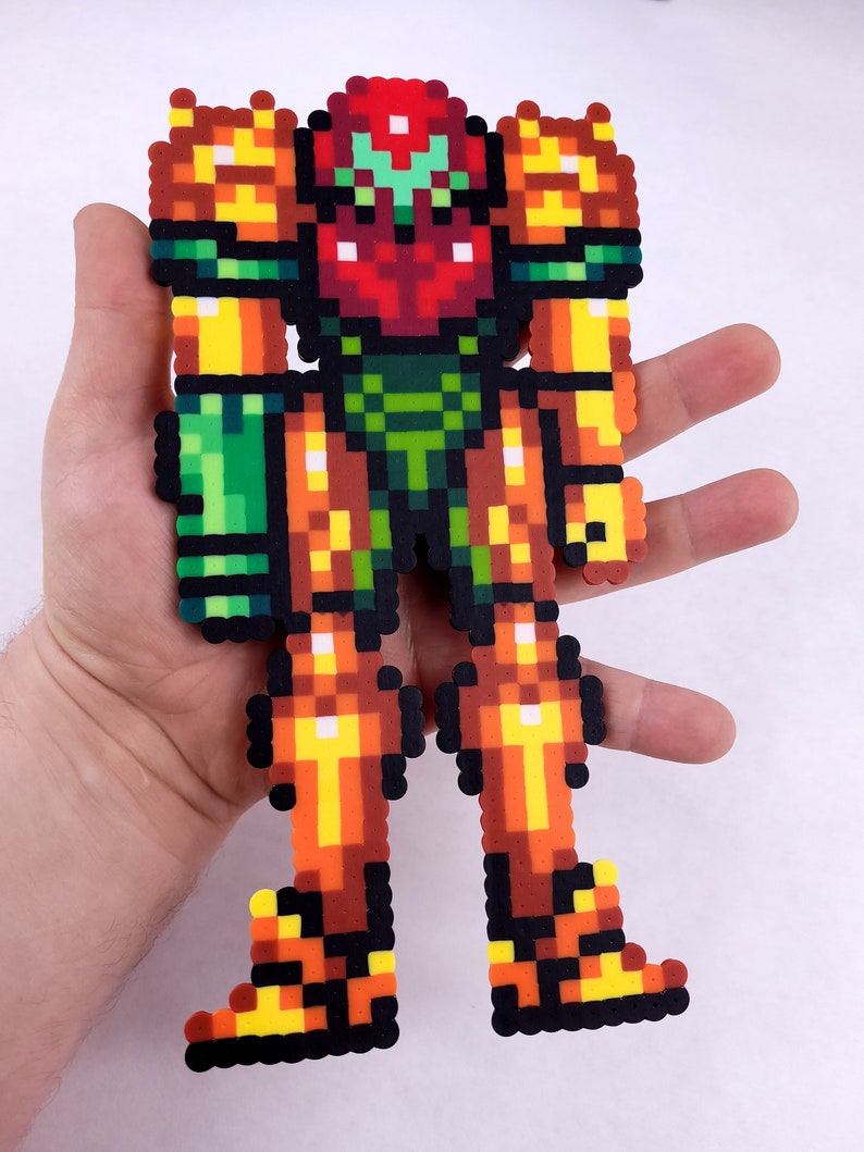 Metroid, Samus Aran, Perler beads, Super Metroid, samus, perler samus, video game art, perler bead art, video game decor