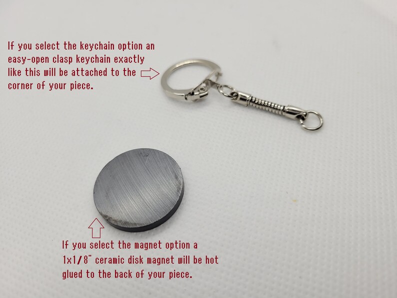 Fridge magnet, featuring a round ceramic disk magnet and a metal keychain attachment.