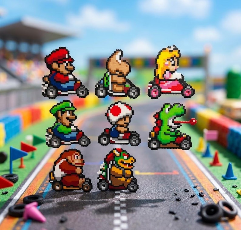 Pu&ograve; includere: Una collezione di otto figure in pixel art che ritraggono personaggi alla guida di go-kart, tra cui Mario, Luigi, Princess Peach, Toad, Yoshi, Donkey Kong e Bowser, disposti in una griglia su uno sfondo sfocato di una pista da corsa.