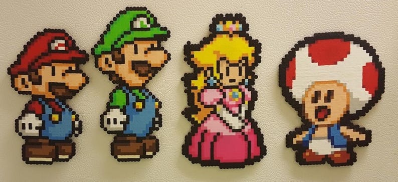 Mario, Perler Beads, pixel art, super mario bros, video game, super mario, nintendo, paper mario, Luigi, Toad, Princess Peach