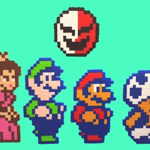 Perles perler Super Mario Bros 2 pixel art 8 bits, mario et pêche, ensemble d'aimants perler mario crapaud et luigi, aimant pour réfrigérateur mario