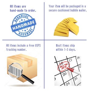 Infographic: handmade items—blue stamp, items packaged in bubble mailers, box with magnifying glass for USPS tracking, 1–3 day shipping.