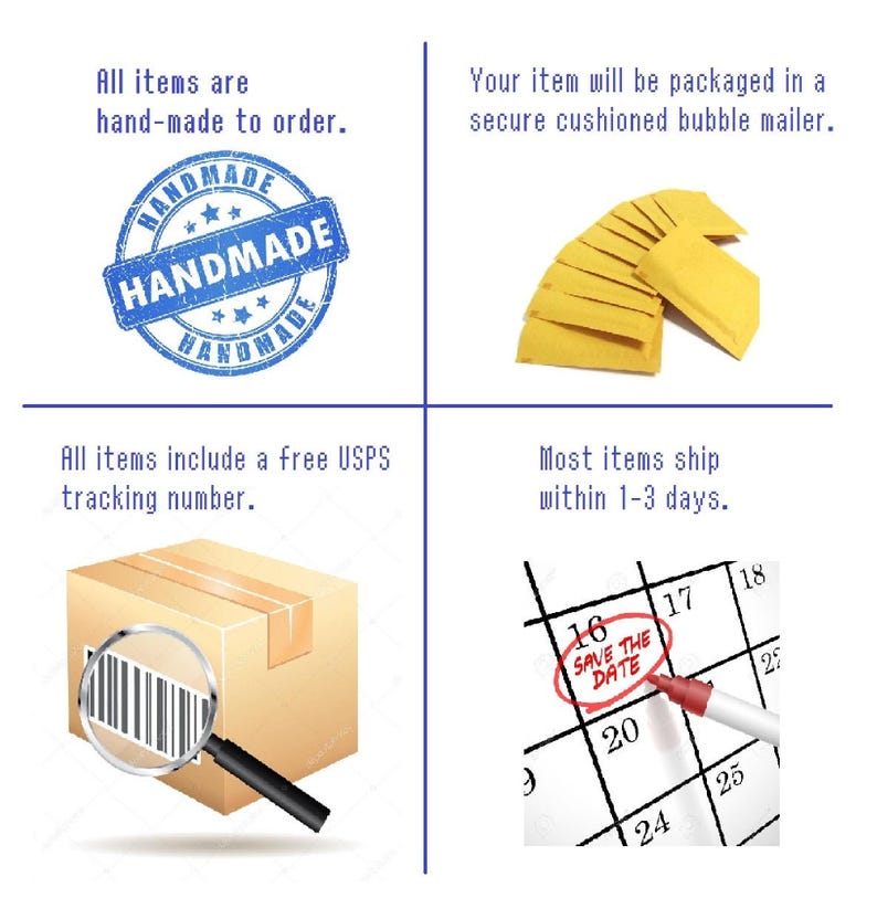 Infographic: handmade items—blue stamp, items packaged in bubble mailers, box with magnifying glass for USPS tracking, 1–3 day shipping.