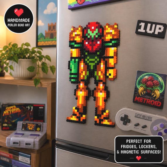 Metroid Perler Bead Art Samus Aran Wall Decor, Pixel Sprite Art, Super Metroid Gift For Him Gamer, Video Game Art Print
