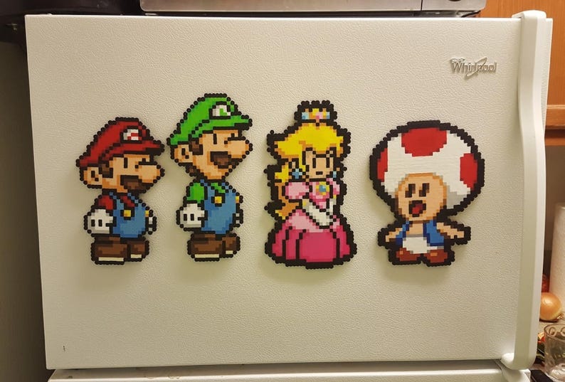 Mario, Perler Beads, pixel art, super mario bros, video game, super mario, nintendo, paper mario, Luigi, Toad, Princess Peach