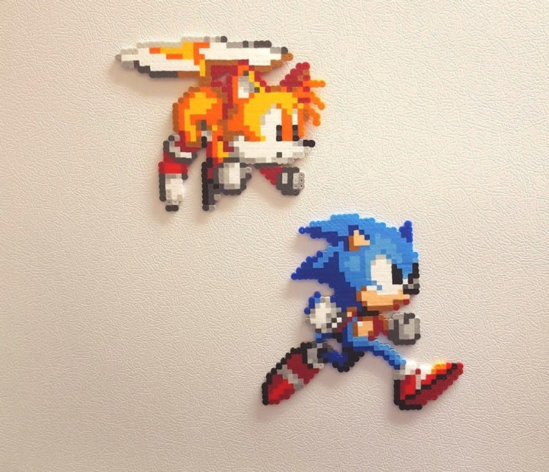 Sonic perler beads, Tails, bead sprite, 8 bit pixel art, Knuckles the Echidna, Hedgehog, Sonic 2, Sonic 3, sega genesis, robotnik