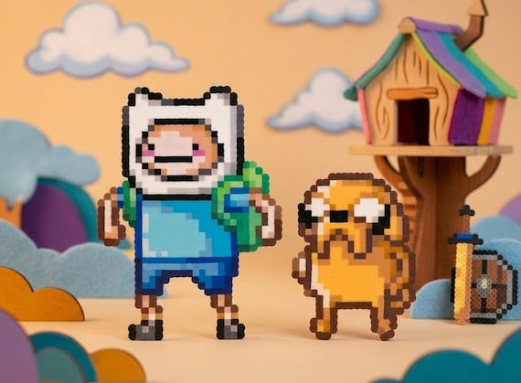 Finn The Dog & Jake The Human 8 Bit Perler Bead Art, Pixel Bead Sprite, Adventure Time Gift, Geeky Desk Decor, Gift For Gamer