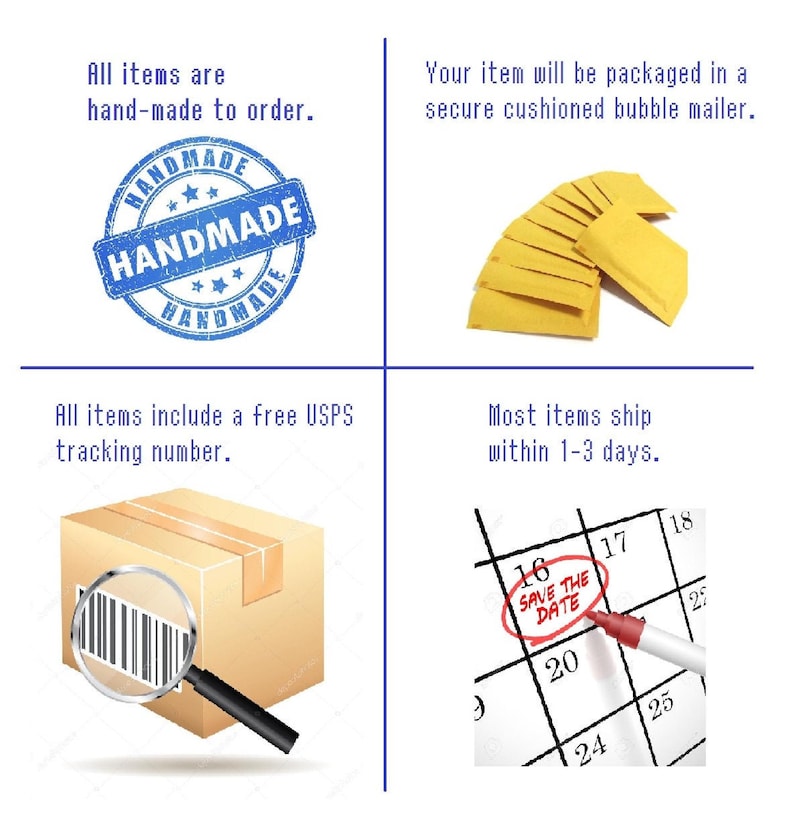 Infographic: handmade items—blue stamp, items packaged in bubble mailers, box with magnifying glass for USPS tracking, 1–3 day shipping.