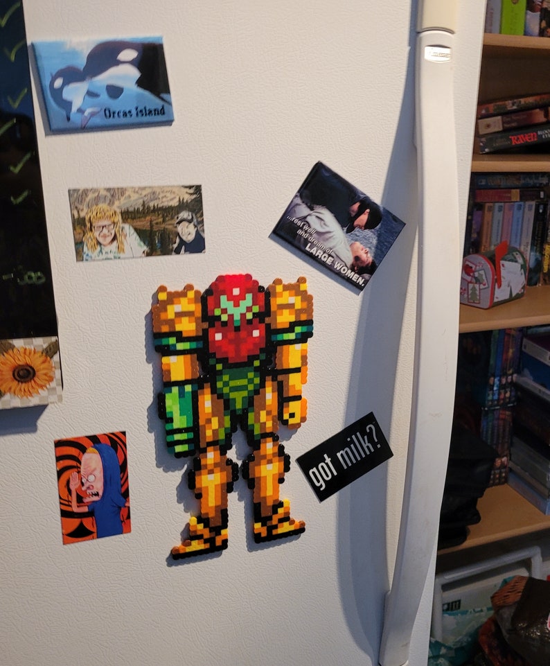 Metroid, Samus Aran, Perler beads, Super Metroid, samus, perler samus, video game art, perler bead art, video game decor