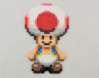 Toad pixel art magnet, perler beads Toad fridge magnet, pixel bead art game room decor, mario bros toad stocking stuffer ornament hook