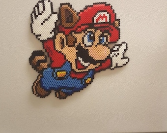 Raccoon Mario Bead Magnet, Perler Beads 8 Bit Mario Art, Mario Bros Gamer Desk Decor, Nerdy Room Decor Mario Fridge Magnet