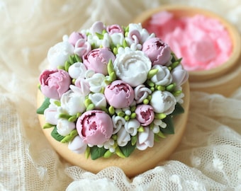 Custom Peony Wedding Ring Box: Handmade Polymer Clay Floral Wood Box