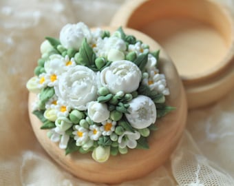 Custom Wedding Ring Box: Chamomile Peonies, Handmade Polymer Clay Flowers