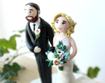 Custom Wedding Cake Topper: Handmade Clay Bride and Groom Figurine