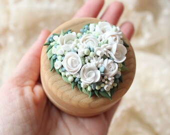 Heart Wedding Ring Box: Handmade Polymer Clay Floral Keepsake