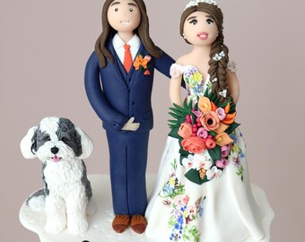 Custom Polymer Clay Wedding Cake Topper: Bride, Groom & Pet Figurine