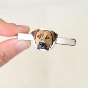May include: A silver tie clip with a round, brown, black, and white dog head cameo.