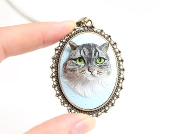 Custom Cat Portrait Necklace: Handmade Polymer Clay Pet Jewelry