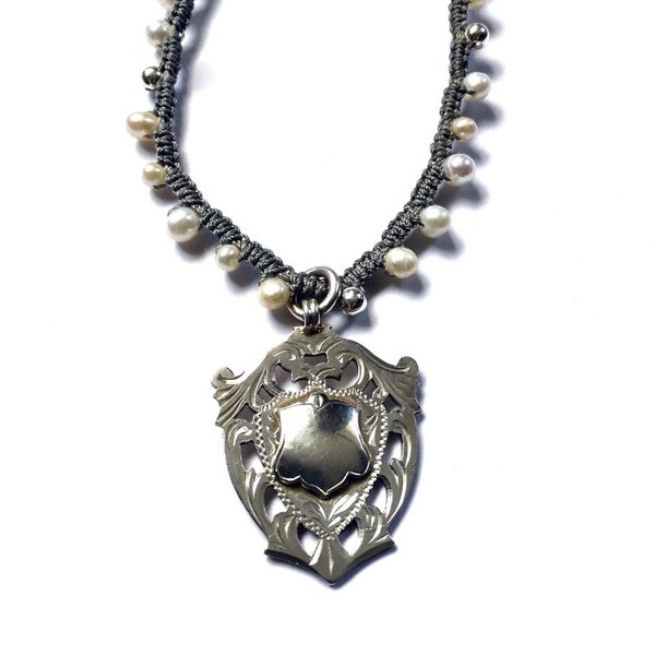 Vintage Silver Medal Necklace, Boho Pendant Necklace, Pearl Necklace, Silver Fob Necklace, Vintage Silver Pendant Necklace, Watch Fob, UK