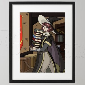May include: A woman wearing a black and purple robe and a pointed hat holds a stack of books in a room with a bookshelf and a red banner.