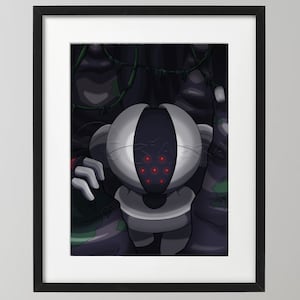 May include: A white and gray robot with six red eyes stands in a dark, shadowy forest. The robot has a round head and a small body. Vines and leaves are visible in the background.