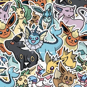 Op de afbeelding: Een kleurrijke verzameling cartoon Pokemon stickers met verschillende personages, waaronder Eevee, Vaporeon, Jolteon, Flareon en Espeon. De stickers zijn op een witte achtergrond.