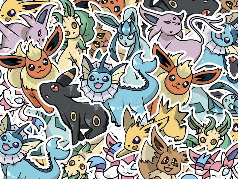 Op de afbeelding: Een kleurrijke verzameling cartoon Pokemon stickers met verschillende personages, waaronder Eevee, Vaporeon, Jolteon, Flareon en Espeon. De stickers zijn op een witte achtergrond.