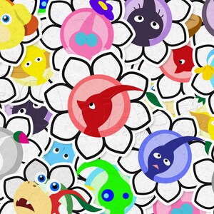 May include: A colorful pattern of cartoon flower stickers with various character designs. The stickers feature a white flower outline with black borders and a variety of character faces in the center, including yellow, blue, and red creatures.