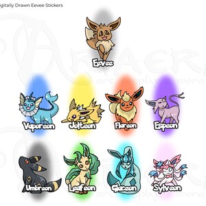 Op de afbeelding: Een set van negen digitaal getekende Eevee-evolutie stickers. De stickers tonen de originele Eevee en zijn acht evoluties: Vaporeon, Jolteon, Flareon, Espeon, Umbreon, Leafeon, Glaceon en Sylveon.