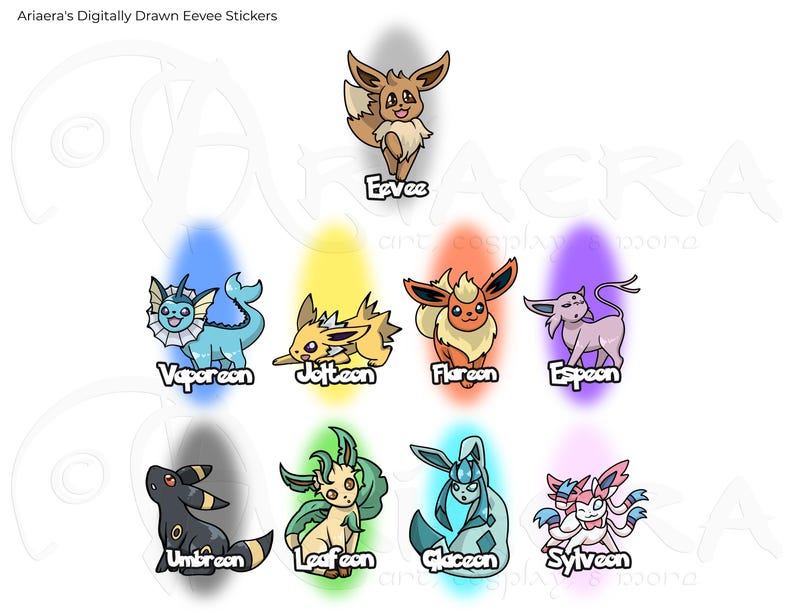 Op de afbeelding: Een set van negen digitaal getekende Eevee-evolutie stickers. De stickers tonen de originele Eevee en zijn acht evoluties: Vaporeon, Jolteon, Flareon, Espeon, Umbreon, Leafeon, Glaceon en Sylveon.