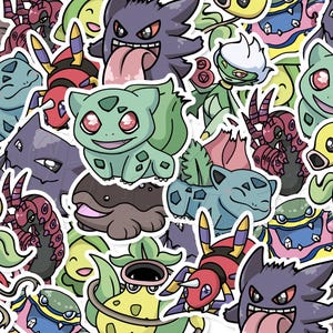 May include: A colorful assortment of cartoon character stickers featuring various creatures with distinct designs and vibrant colors. The stickers include green, blue, purple, and yellow characters with unique facial expressions and features, set against a white background.