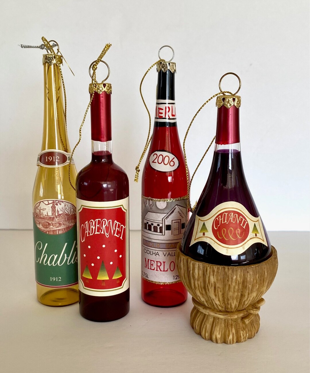 Wine Bottle Ornaments Set of 4 Vintage Glass Bottles Wine Bar Host Gift