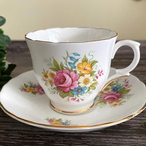 Vintage Floral Teacup and Saucer Crown Staffordshire England Pretty Tea cup with flowers