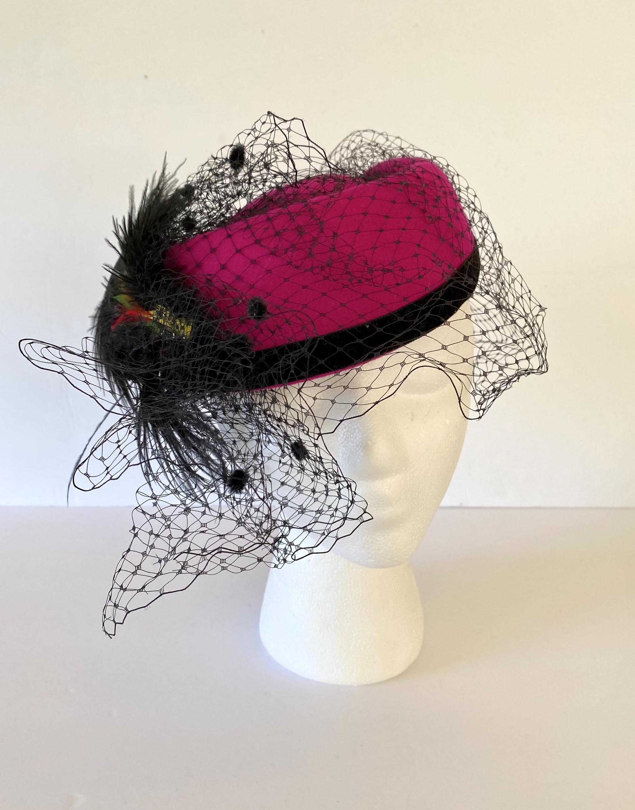 CHARMING 1940s\' BLACK FELT TOQUE WITH MULTI-COLORED FEATHER TRIM & FULL VEIL $150 includes shipping, ins, and tracking. This adorable  main image 4