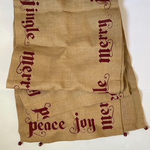 Pottery Barn Christmas Table Runner Burlap - Peace, Merry, Joy