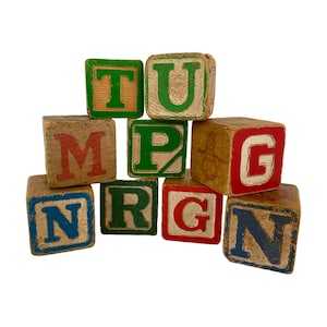 Vintage Wooden Blocks Alphabet, Numbers, Pictures Set of 9