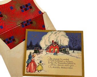 Christmas Postcard and Envelope c1929 PF Volland Train Station