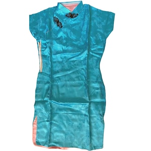 Vintage Cheongsam Blue Satin Dress Pink Lining Chinese Pattern Handmade XS