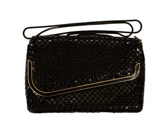 Vintage Black Mesh Evening Bag Envelope Flap Gold Trim 80s Glam Purse