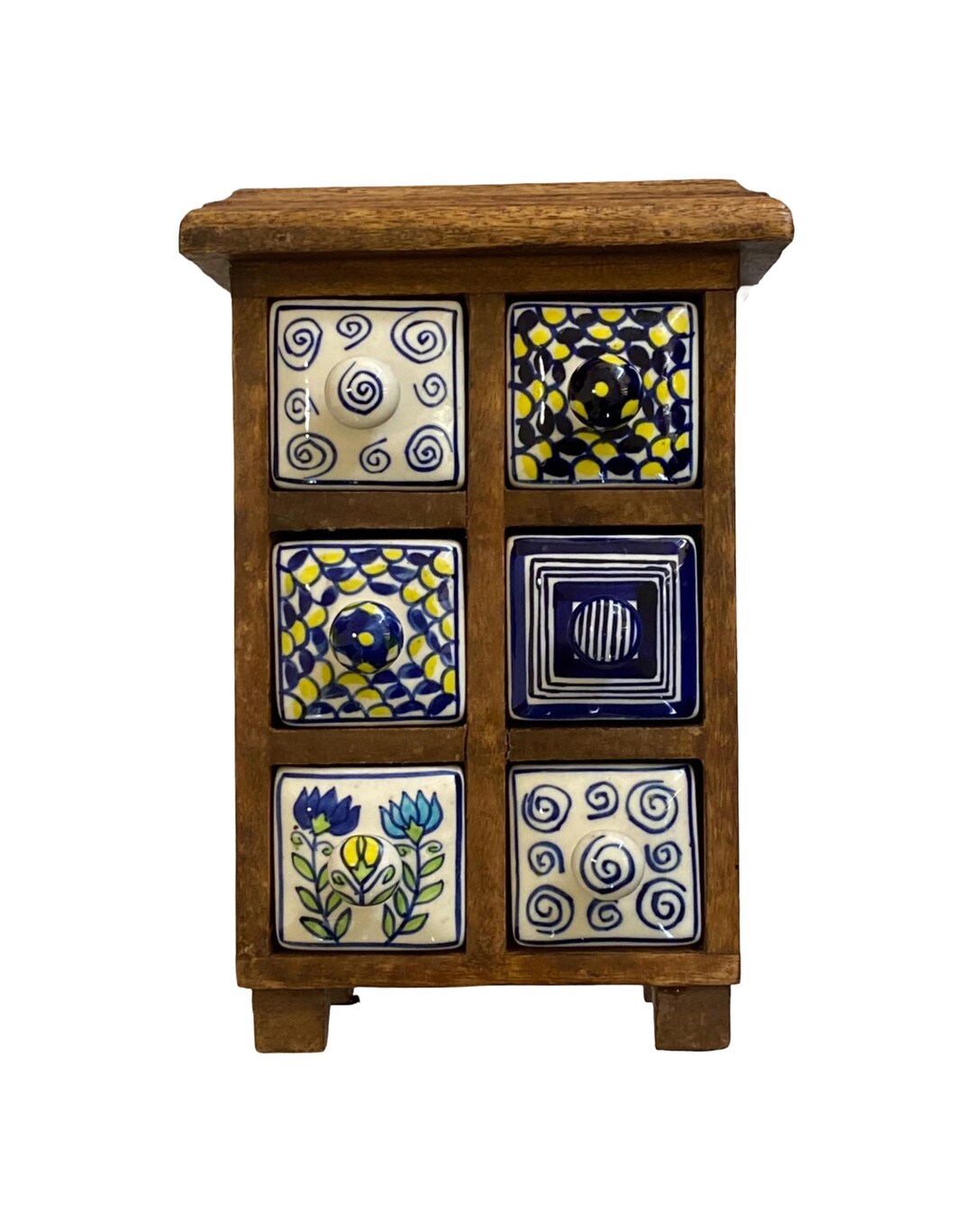 Vintage Apothecary Spice Wood Cabinet With 6 Hand Painted Ceramic ...