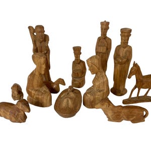 Vintage Nativity Set of 12 Hand Carved Wood Figures Unique Display