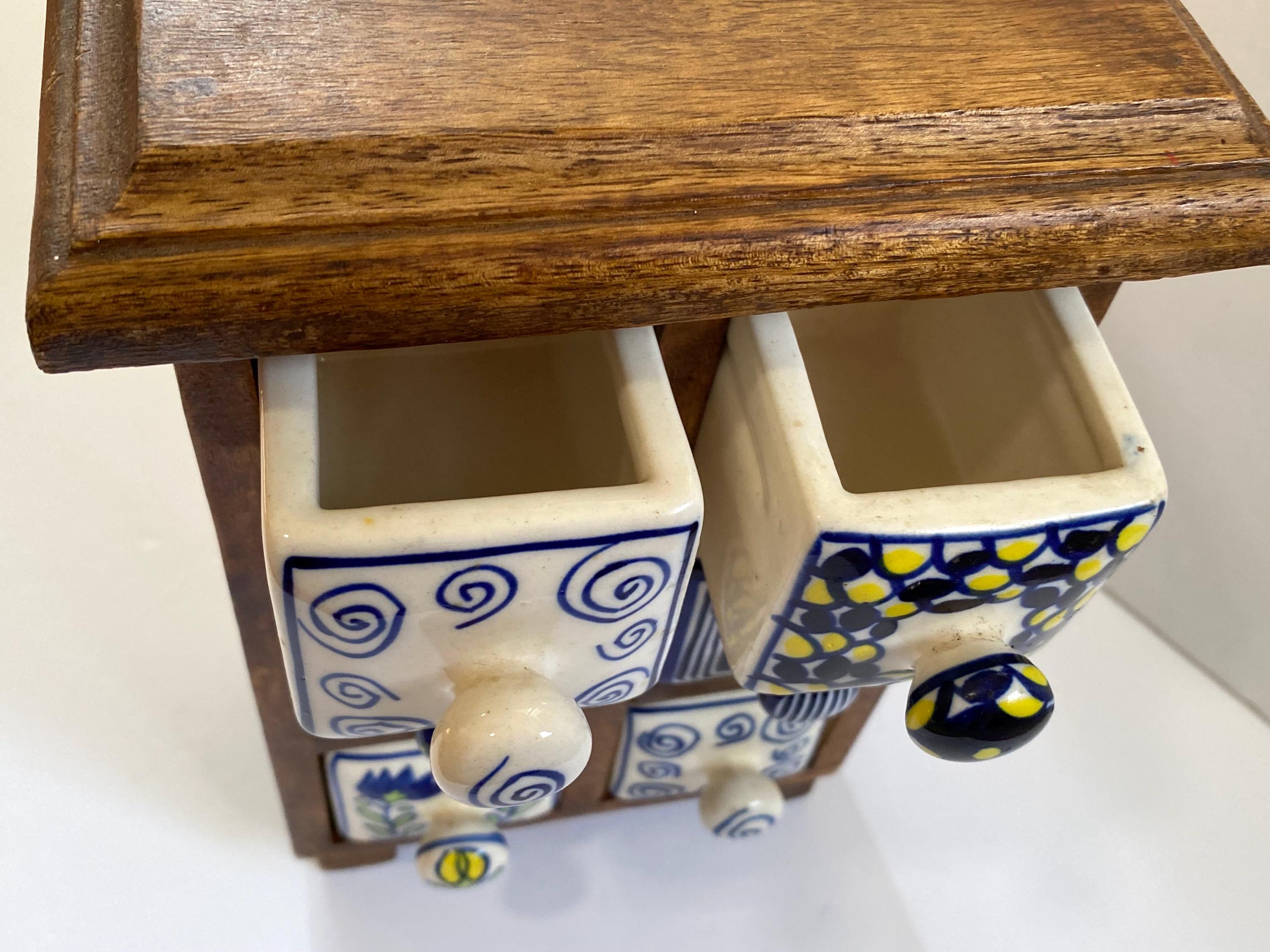 Vintage Apothecary Spice Wood Cabinet With 6 Hand Painted Ceramic ...