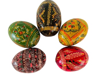 Ukranian Pysanky Hand Painted Wooden Eggs Set of 5 Folk Art European Figurines