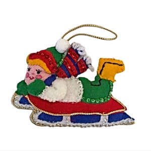Vintage Christmas Bucilla Ornament Completed Hand Sewn Felt Sequins Boy on Sled Ice Frolics 1970s Christmas Decoration