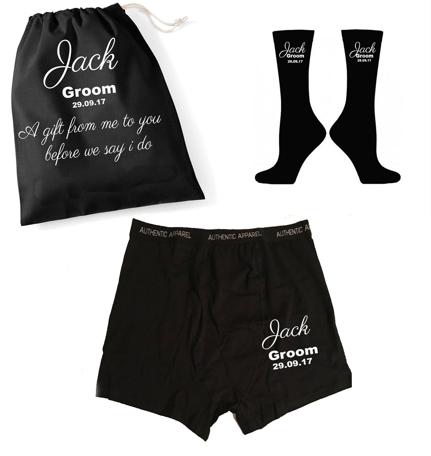 Wedding Personalised Groom Boxer Shorts & Socks Gift Bag Set Black -   Canada