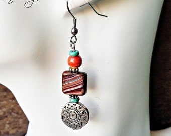 Southwest Silver Disc Earrings with Glass Turquoise and Red Tile Beads